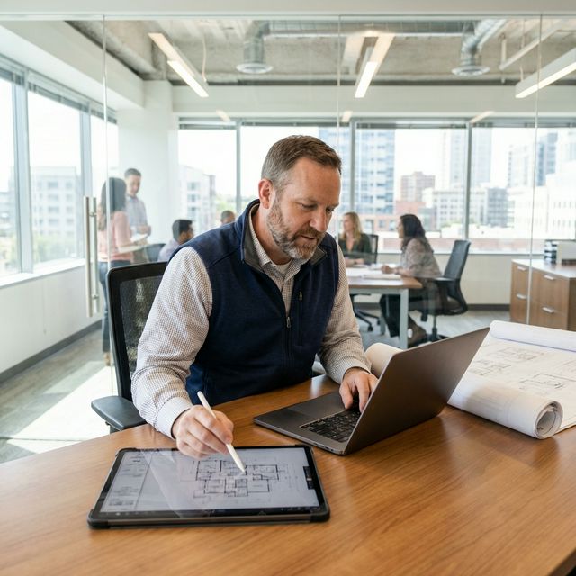 Male construction project manager managing workflow